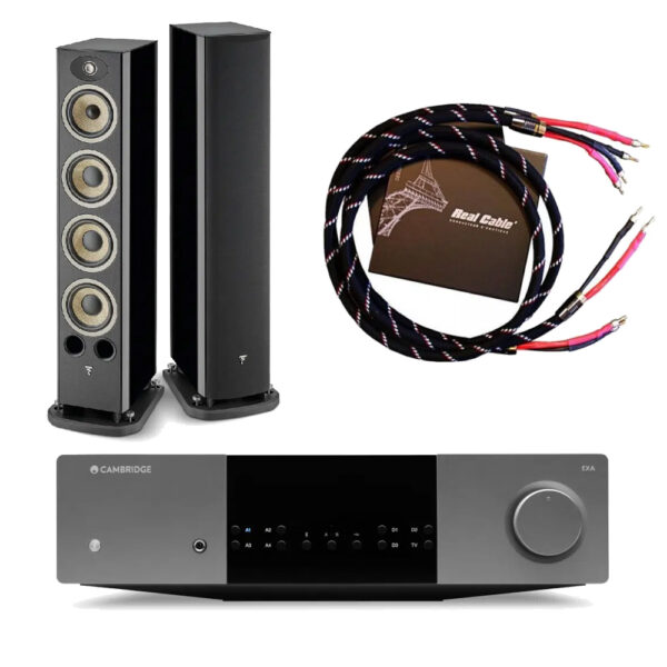 Pack CAMBRIDGE / FOCAL / REAL CABLE – Amplificateur intégré EXA100 + Enceintes bibliothèque ARIA EVO X N°3 + Câbles CHAMBORD II